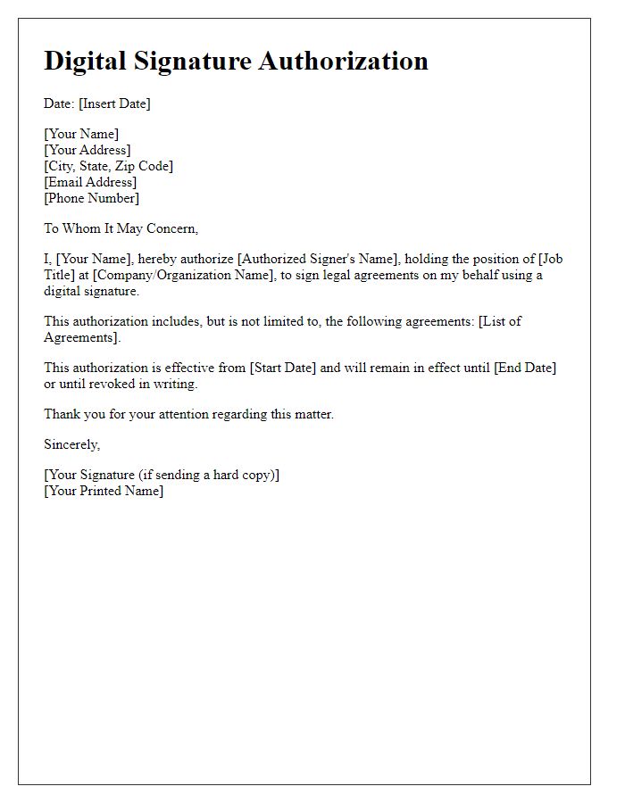 Letter template of digital signature authorization for legal agreements