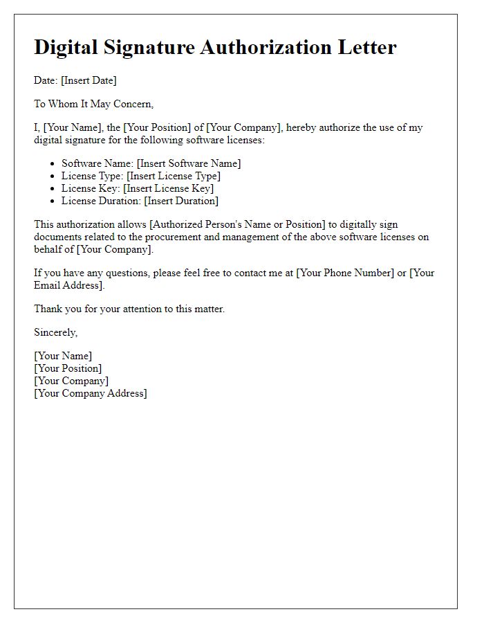 Letter template of digital signature authorization for software licenses