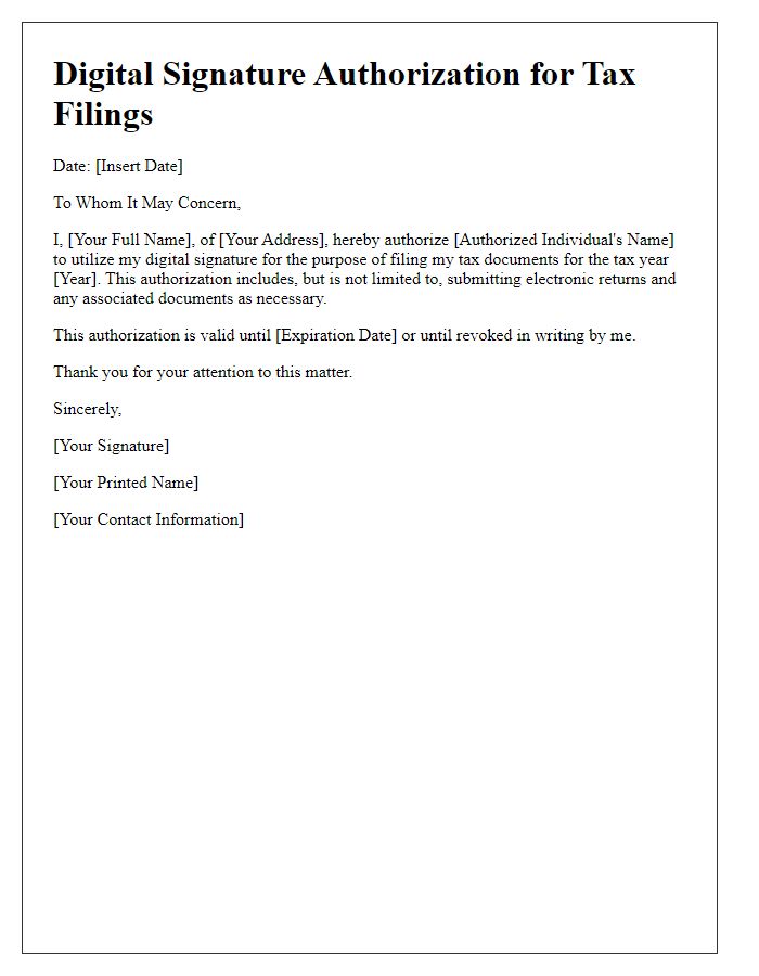Letter template of digital signature authorization for tax filings