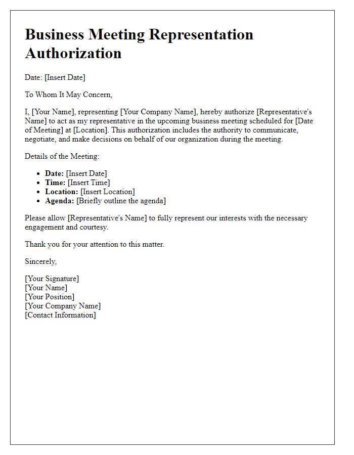 Letter template of business meeting representation authorization for client liaison