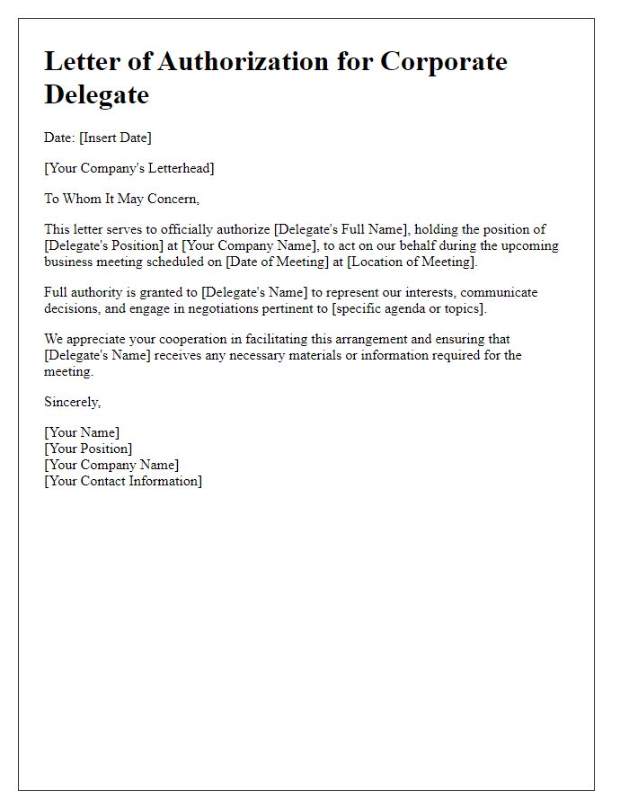 Letter template of business meeting representation authorization for corporate delegate