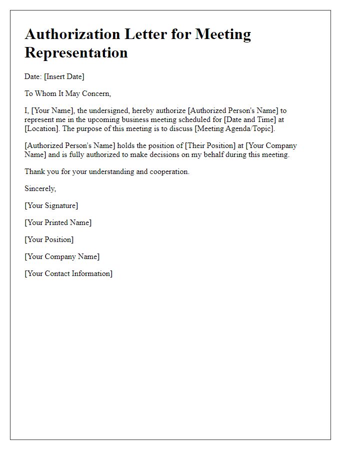 Letter template of business meeting representation authorization for executive appointment