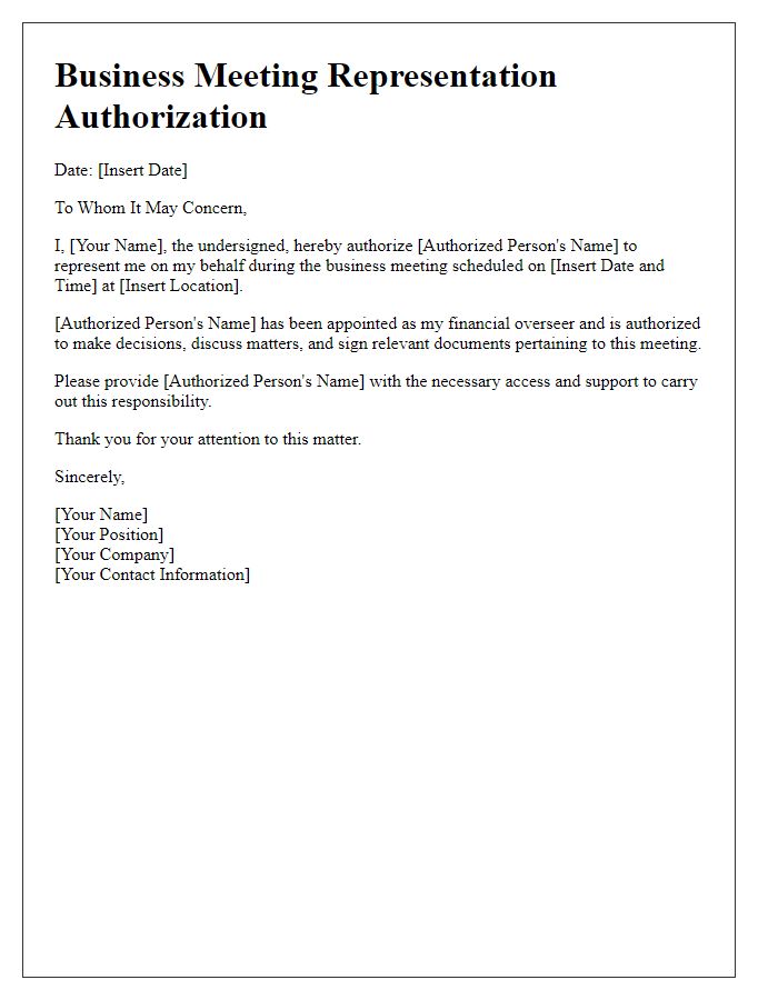 Letter template of business meeting representation authorization for financial overseer