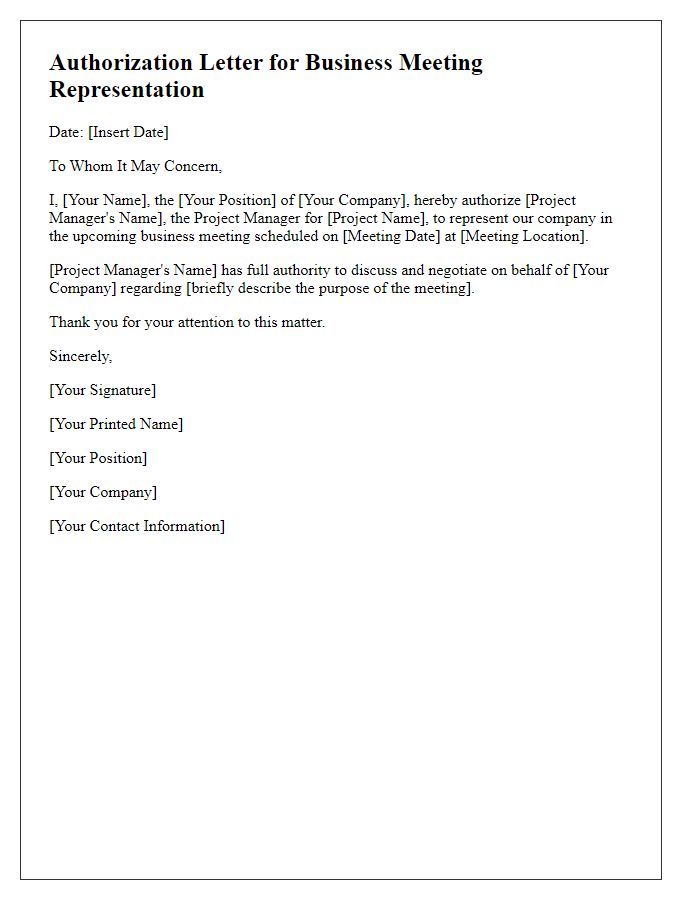 Letter template of business meeting representation authorization for project manager