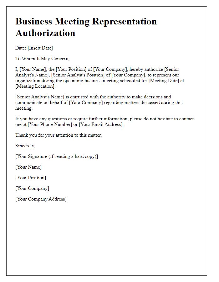 Letter template of business meeting representation authorization for senior analyst