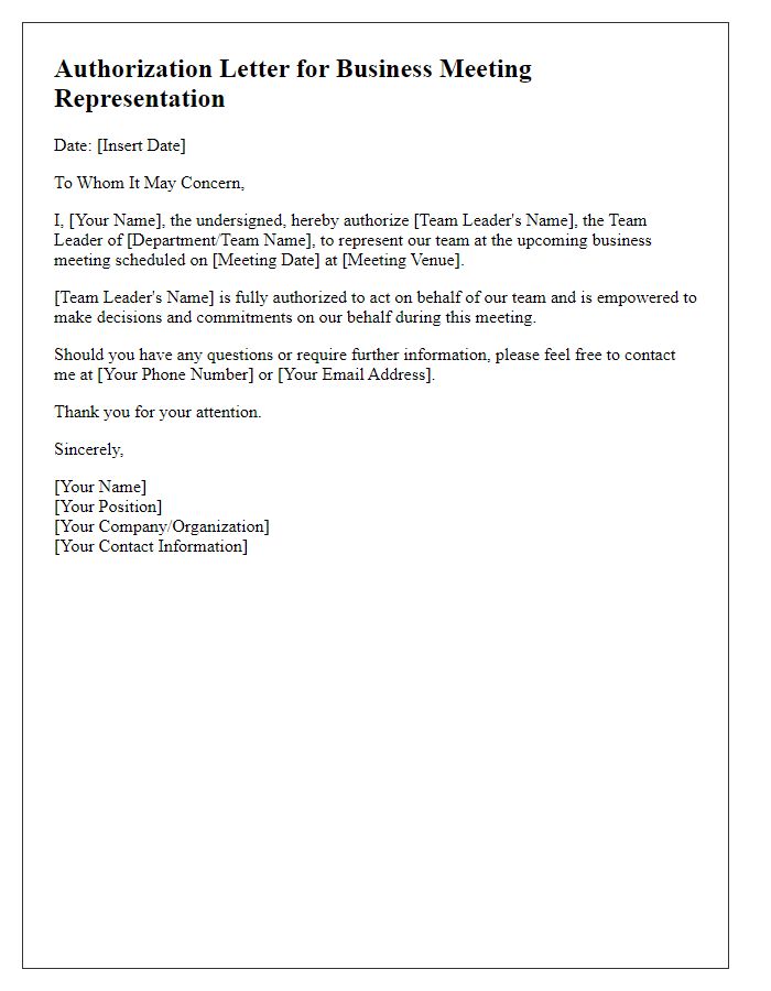 Letter template of business meeting representation authorization for team leader