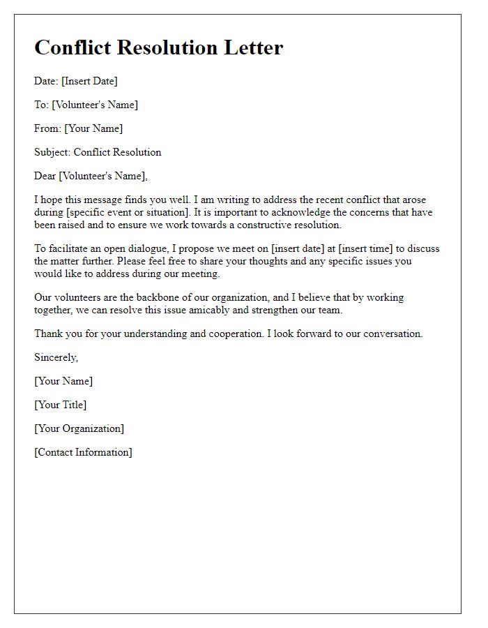 Letter template of formal volunteer conflict resolution