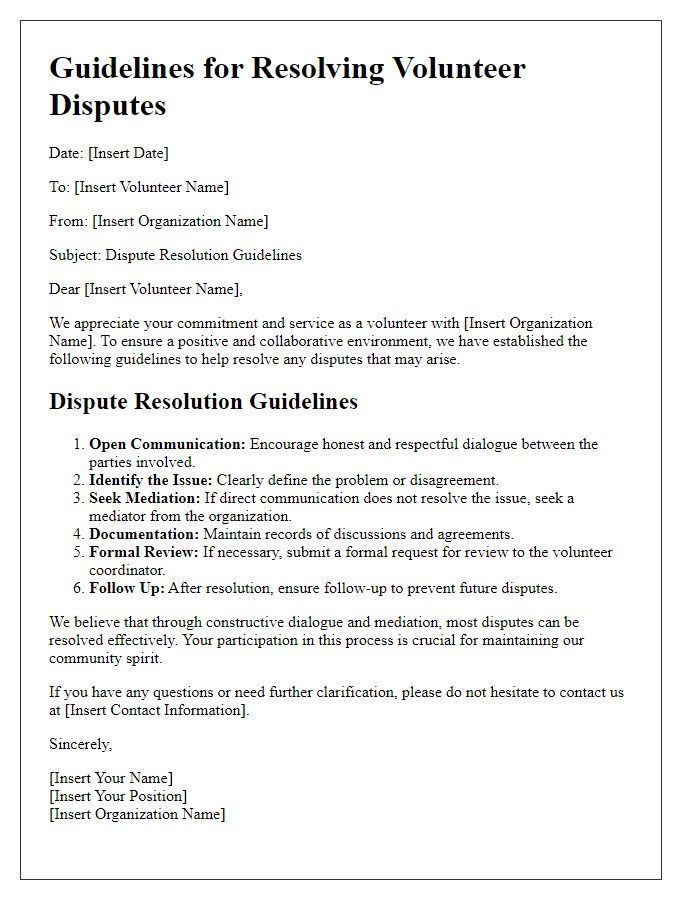 Letter template of guidelines for resolving volunteer disputes