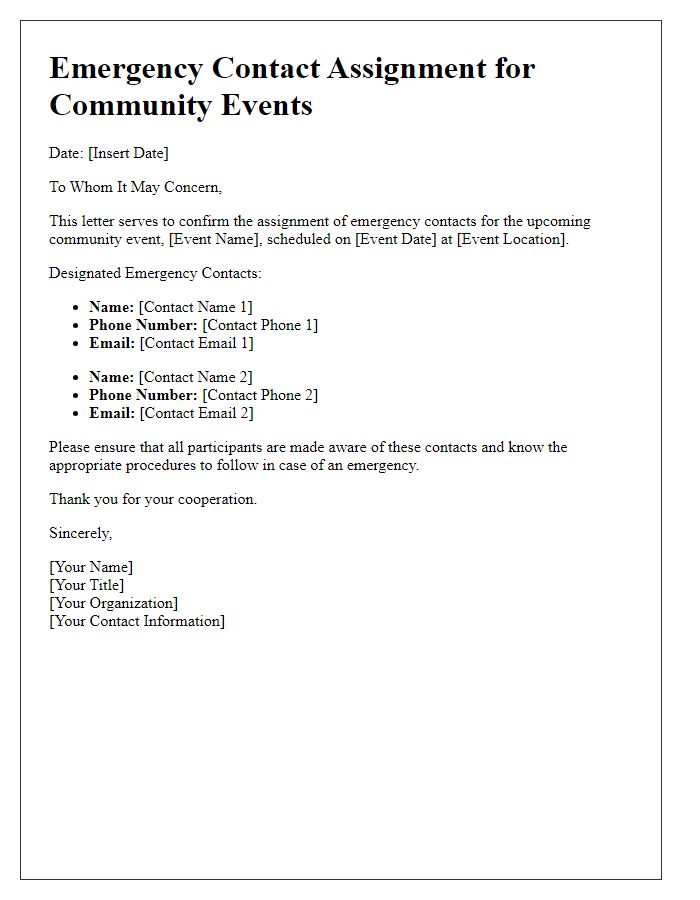 Letter template of Emergency Contact Assignment for Community Events