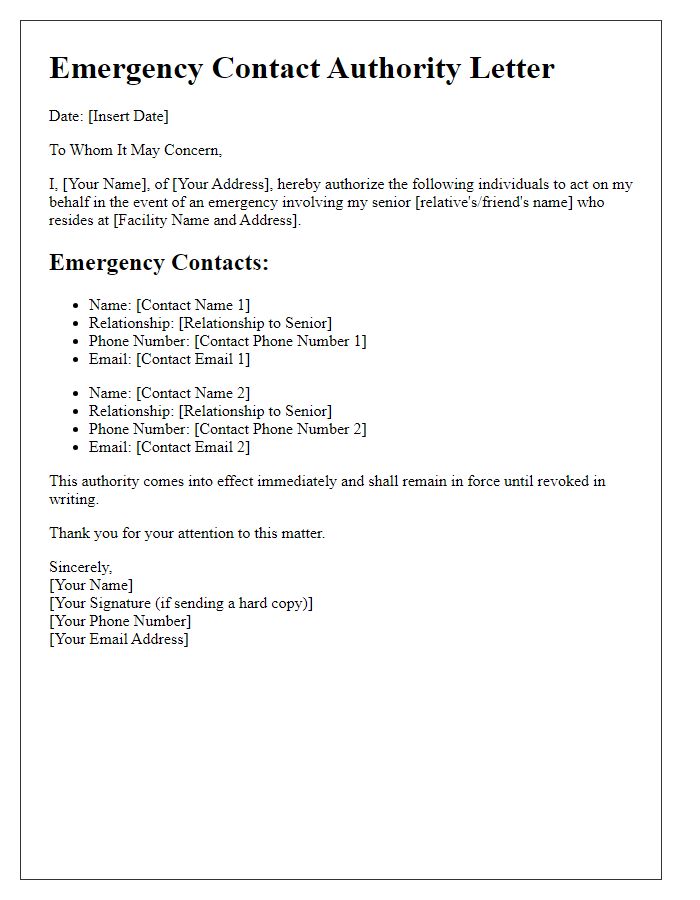 Letter template of Emergency Contact Authority for Senior Care Facilities