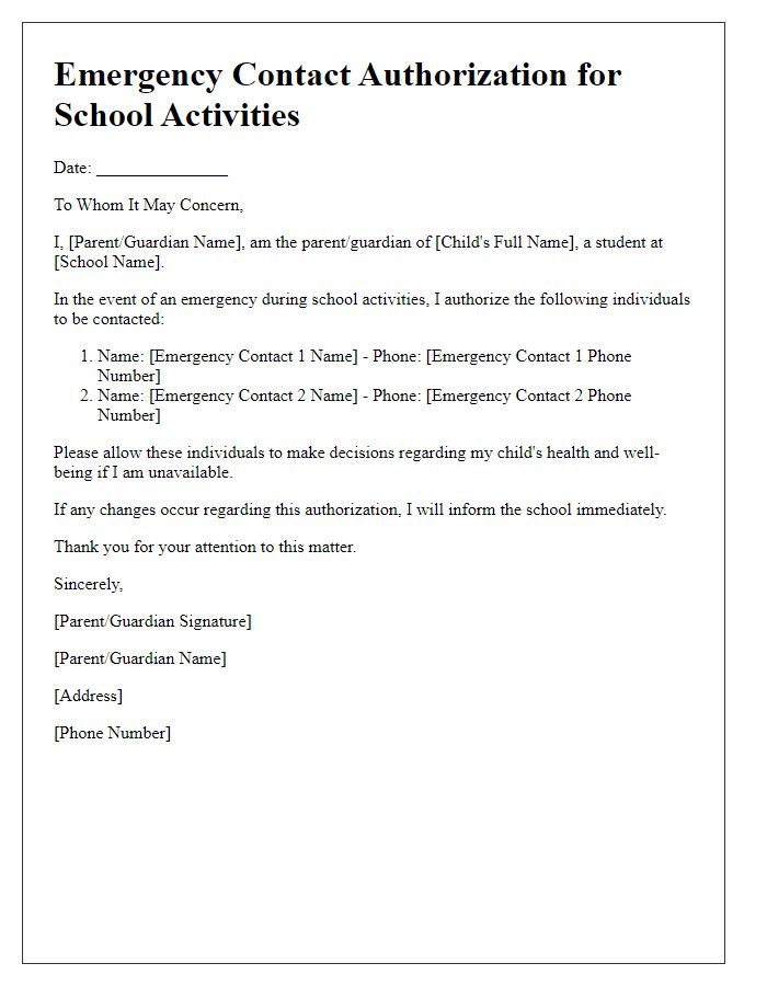 Letter template of Emergency Contact Authorization for School Activities