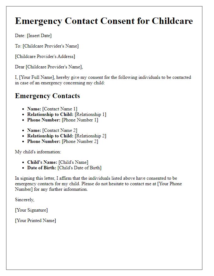 Letter template of Emergency Contact Consent for Childcare Providers