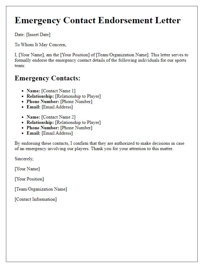 Letter template of Emergency Contact Endorsement for Sports Teams