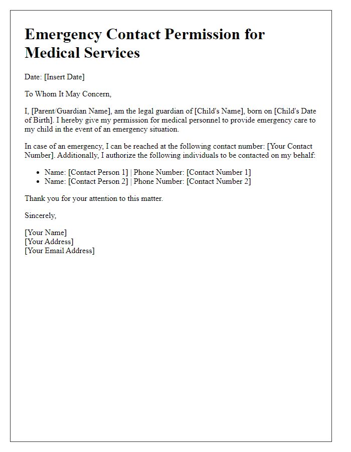 Letter template of Emergency Contact Permission for Medical Services