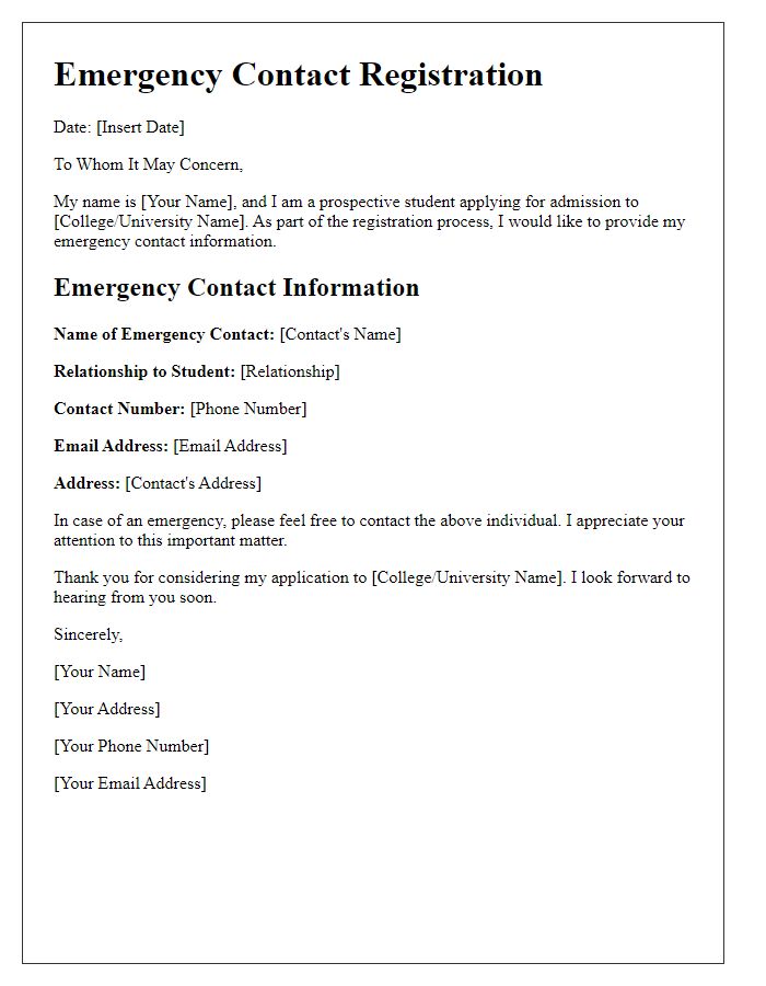 Letter template of Emergency Contact Registration for College Admissions