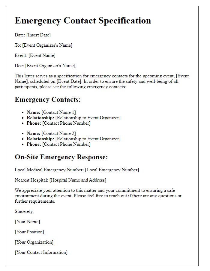 Letter template of Emergency Contact Specification for Event Management