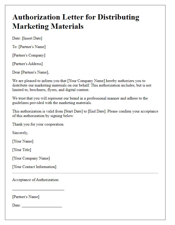 Letter template of authorization for distributing marketing materials to partners