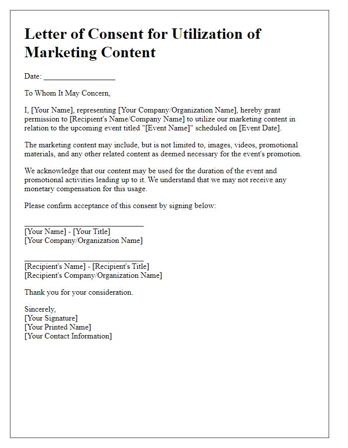 Letter template of consent for utilizing marketing content in events