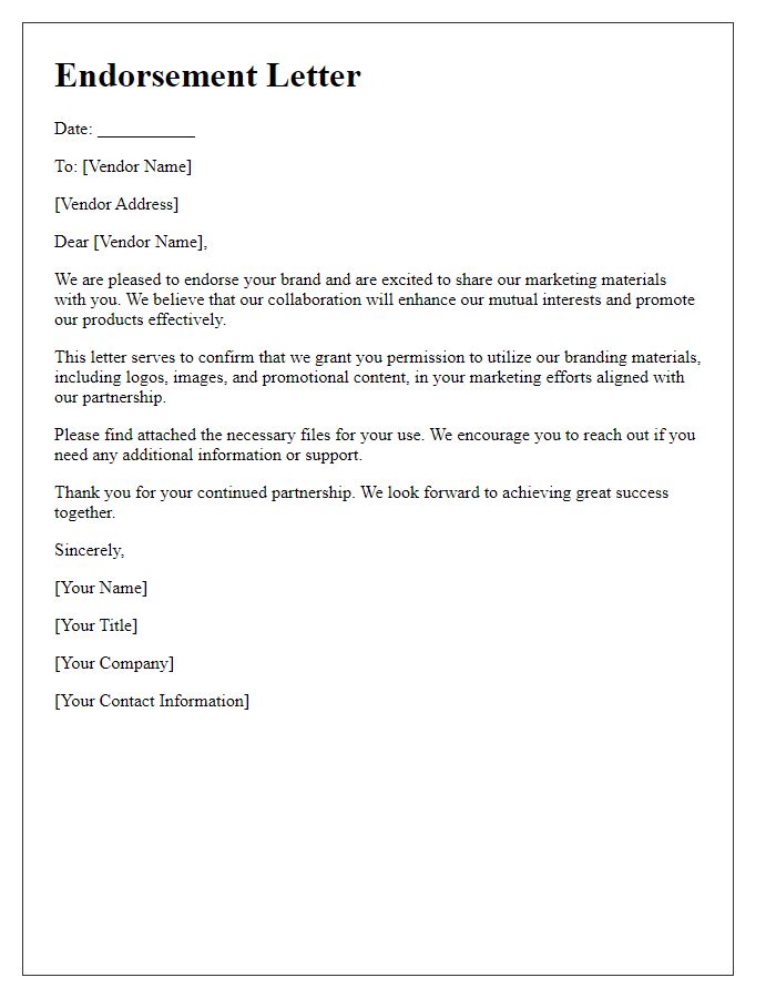 Letter template of endorsement for sharing brand materials with vendors