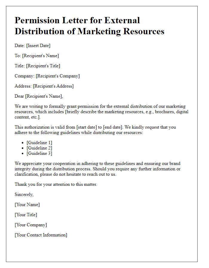 Letter template of permission for external distribution of marketing resources