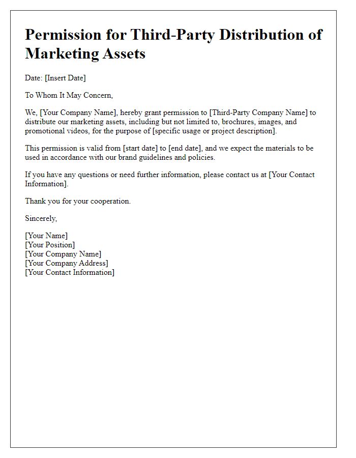 Letter template of permission for third-party distribution of marketing assets