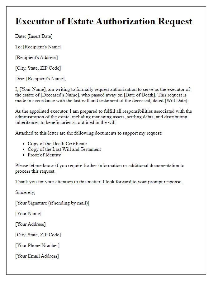 Letter template of executor of estate authorization request