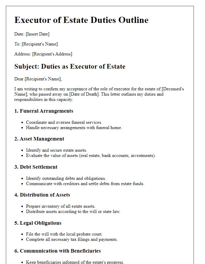 Letter template of executor of estate duties outline