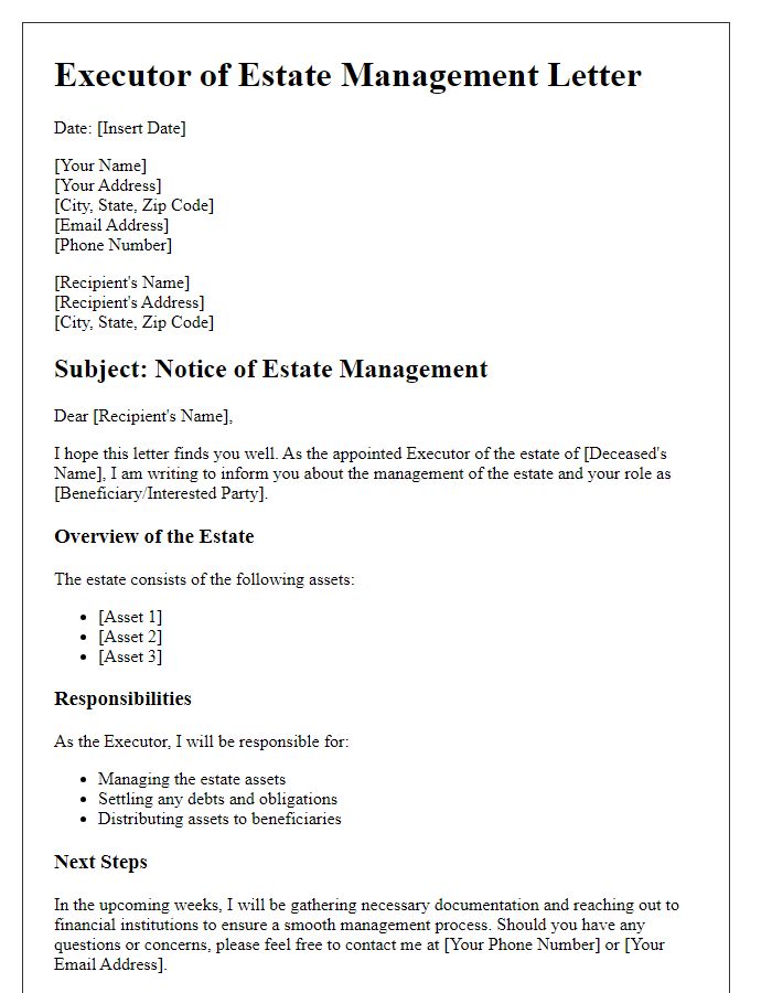 Letter template of executor of estate management outline