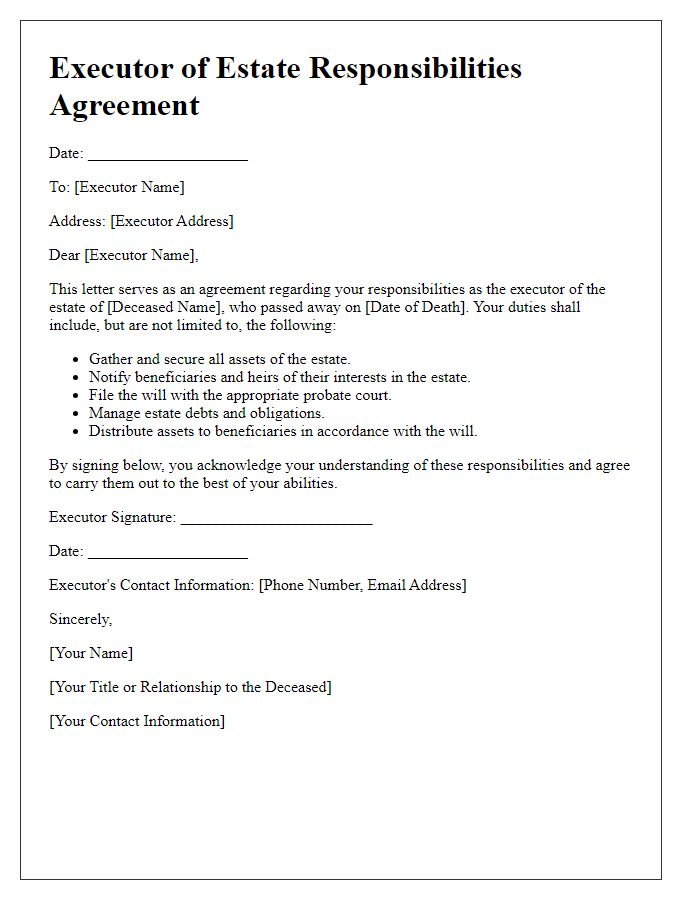 Letter template of executor of estate responsibilities agreement