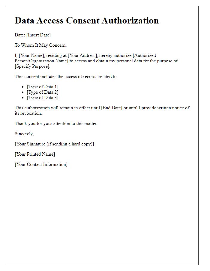 Letter template of data access consent authorization