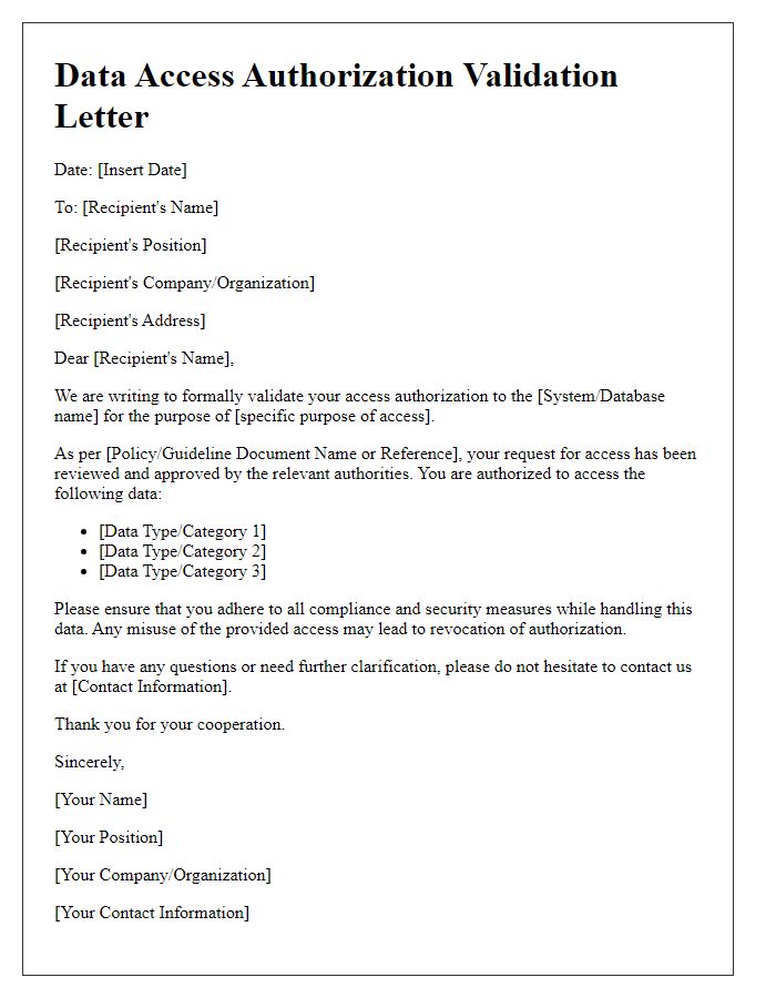 Letter template of validation for data access authorization