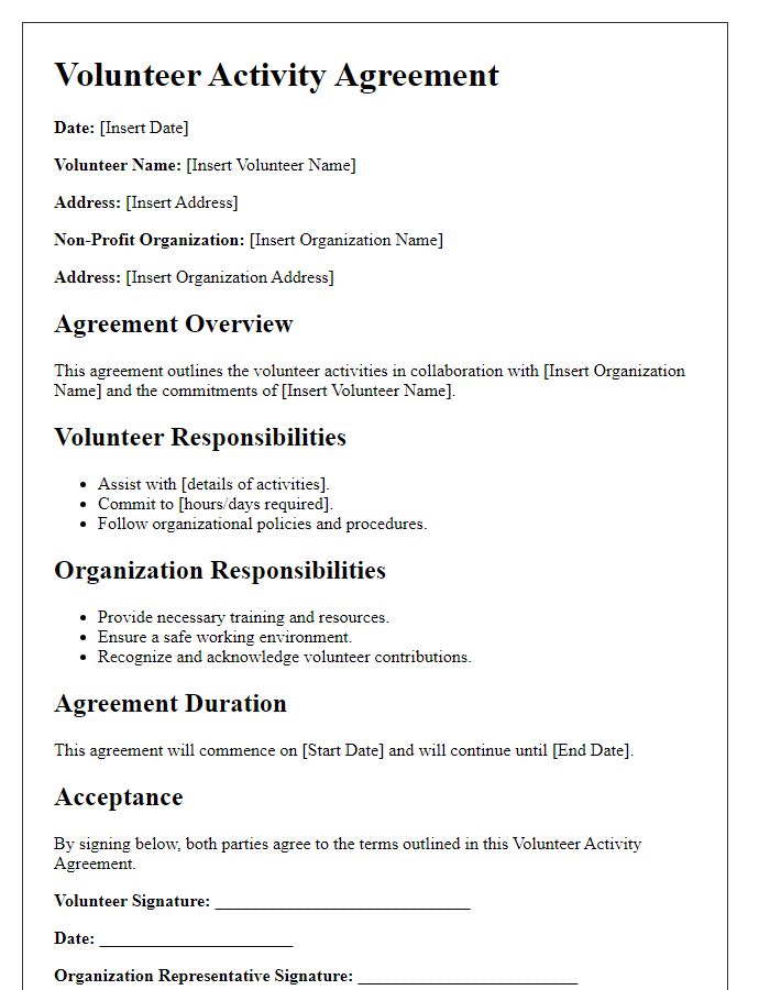 Letter template of volunteer activity agreement for non-profit collaboration