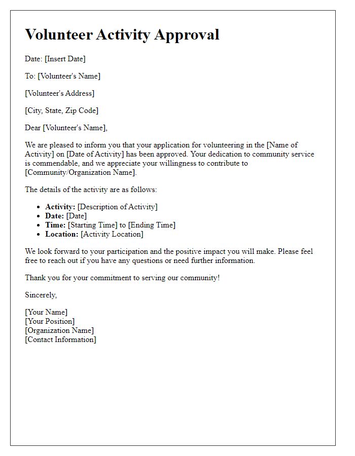 Letter template of volunteer activity approval for community service