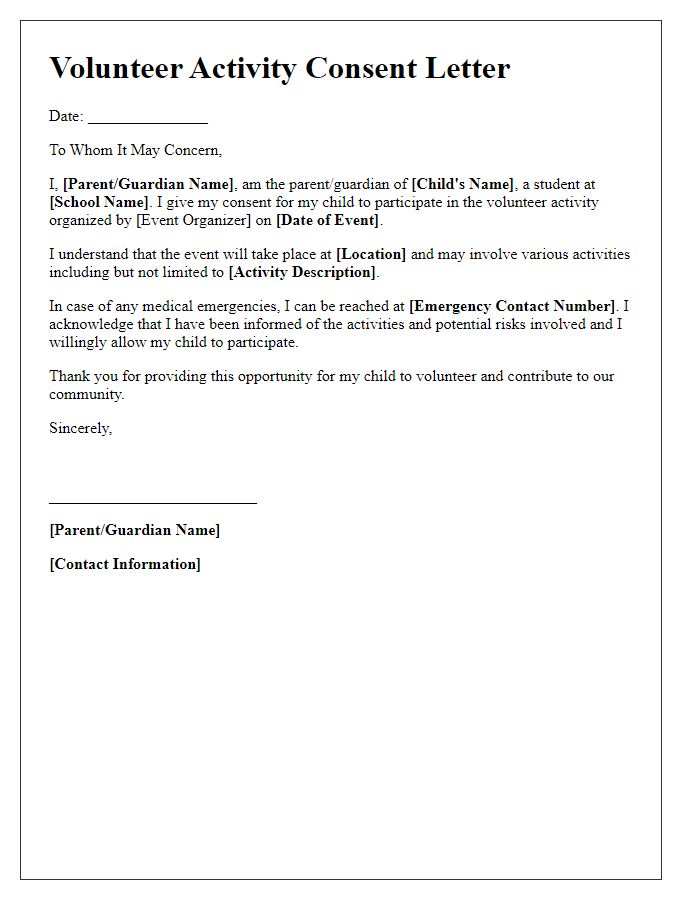 Letter template of volunteer activity consent for school event participation