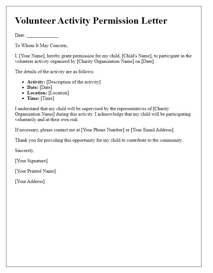 Letter template of volunteer activity permission for charity organization