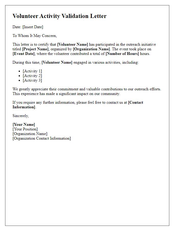 Letter template of volunteer activity validation for outreach initiative