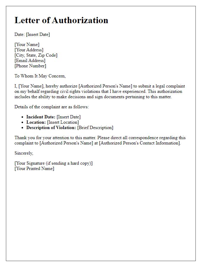 Letter template of legal complaint submission authorization for civil rights violations