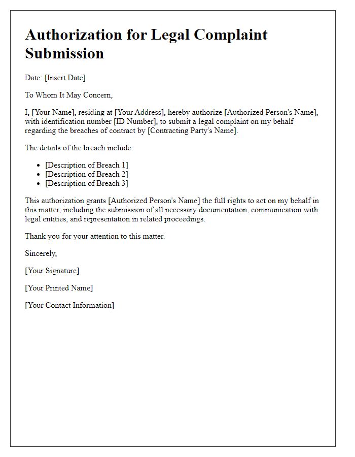 Letter template of legal complaint submission authorization for contract breaches