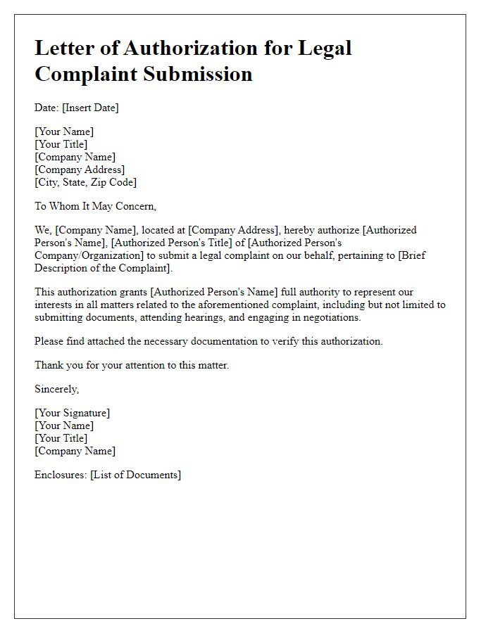 Letter template of legal complaint submission authorization for corporate entities