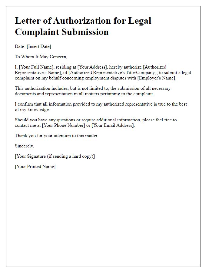 Letter template of legal complaint submission authorization for employment disputes