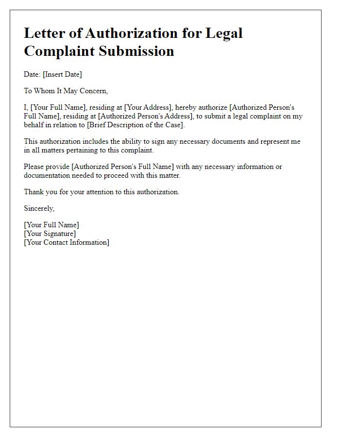 Letter template of legal complaint submission authorization for family law cases