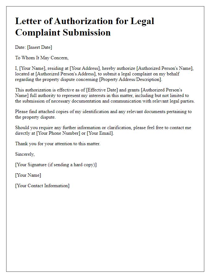 Letter template of legal complaint submission authorization for property disputes