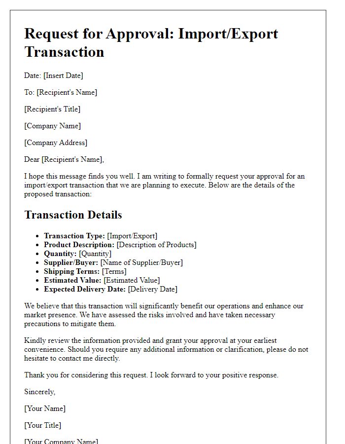 Letter template of import/export transaction approval request