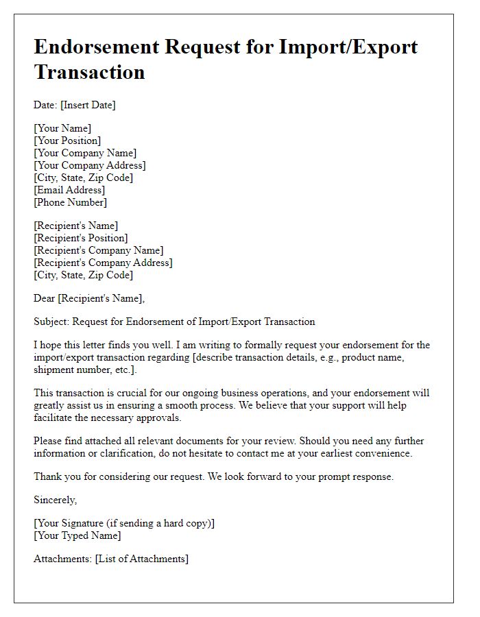 Letter template of import/export transaction endorsement request