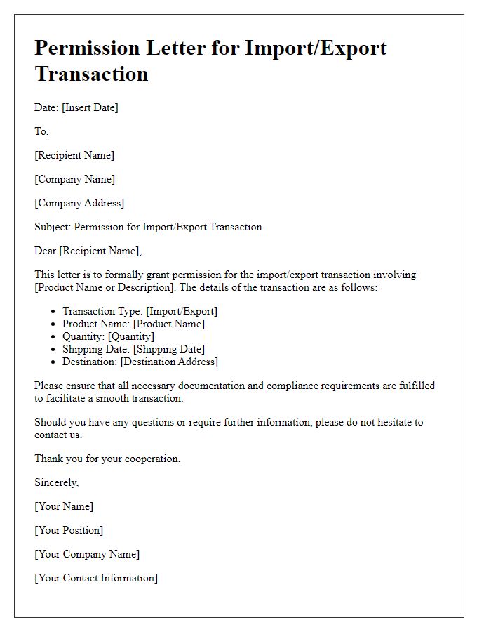 Letter template of import/export transaction permission letter