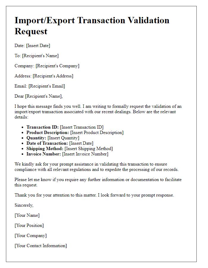Letter template of import/export transaction validation request