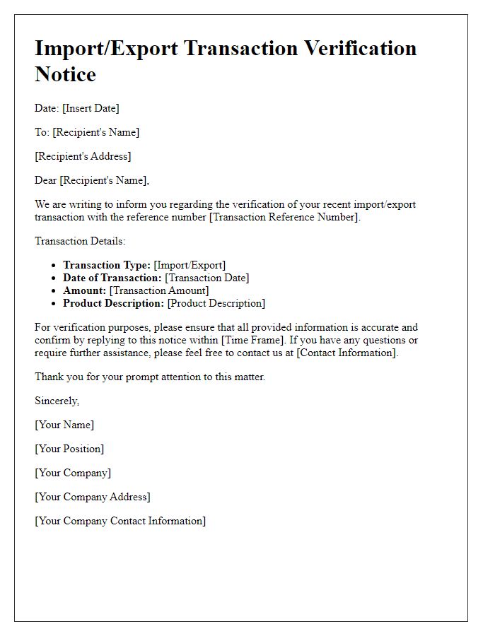 Letter template of import/export transaction verification notice