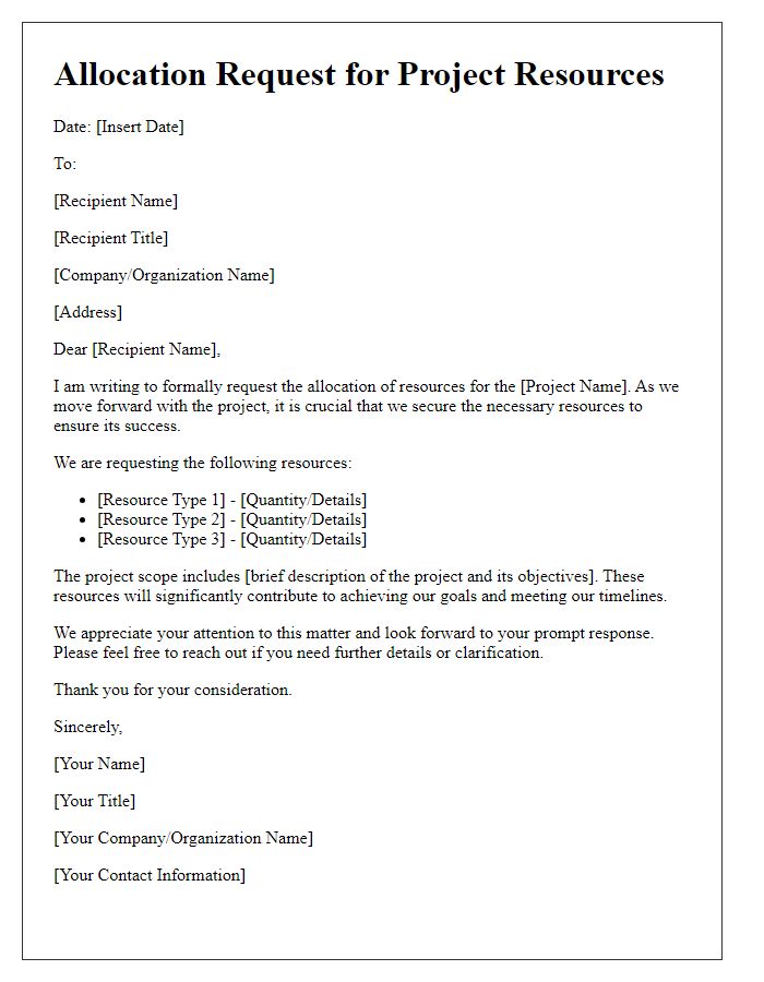 Letter template of allocation request for project resources