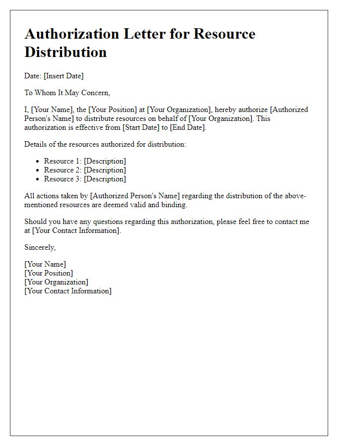 Letter template of authorization for resource distribution