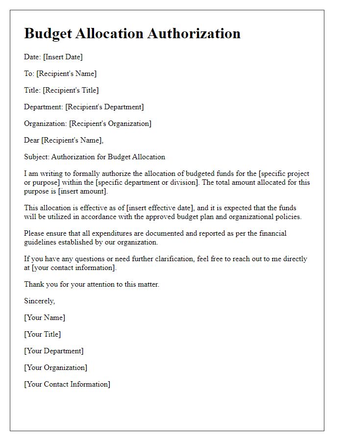 Letter template of budget allocation authorization